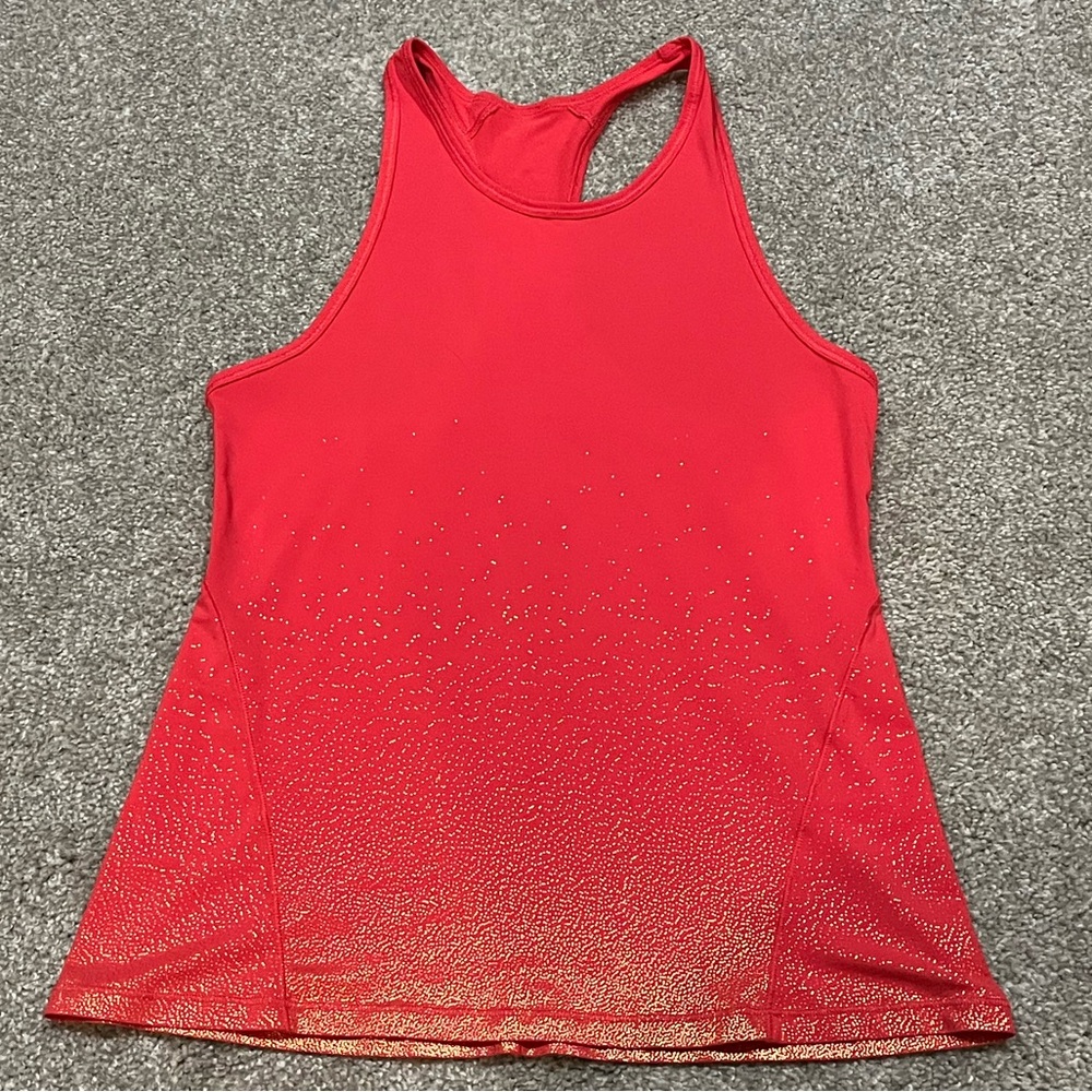 All in Motion Red Racerback Tank Top with Gold Glitter Accents